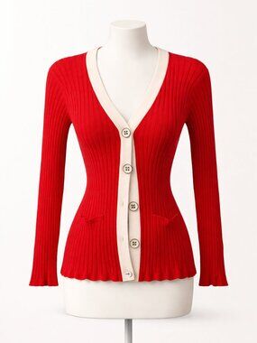 Cable & Gauge Cardigan Sweater X-Large Red/White EUC Lots of Stretch